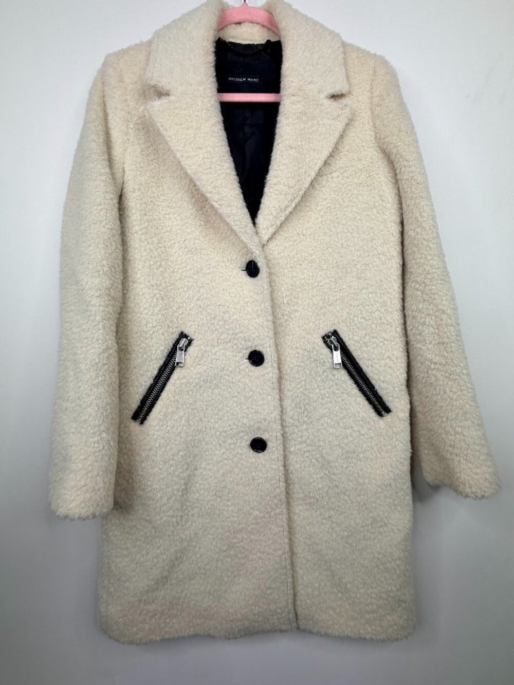 Andrew Marc Boucle Alpaca Wool Teddy Coat Zip-Pockets Ecru S #A3835 - Picture 2 of 9